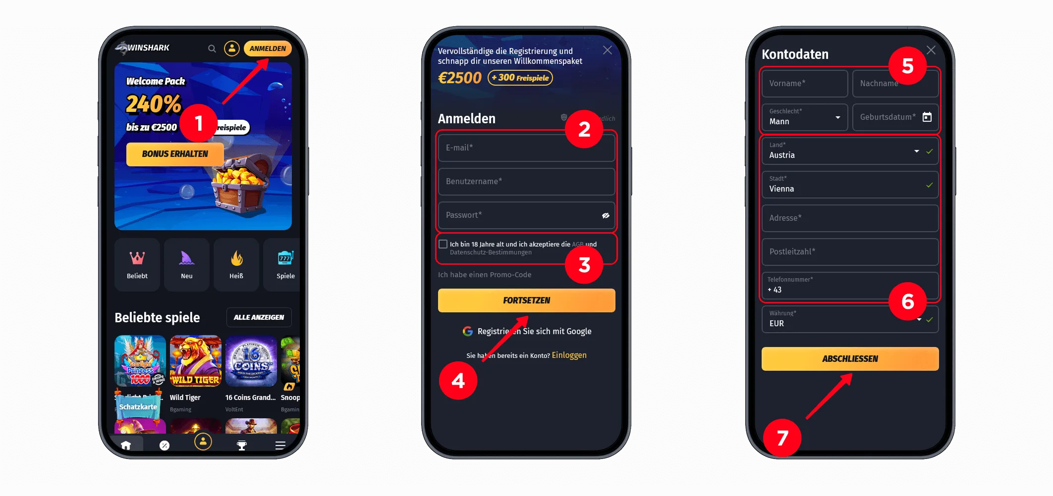 Anleitung zur Anmeldung bei Winshark Casino auf dem Mobiltelefon Anleitung zur Registrierung bei Winshark Casino